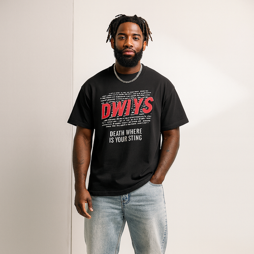 Person wearing a black t-shirt with red and white text, standing against a plain background